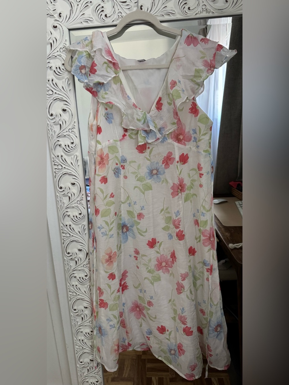 Old Navy White Floral Midi Dress with Pink, Blue & Green Print